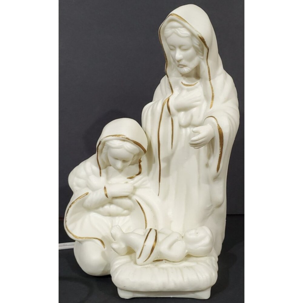 Christmas Nativity HOLY FAMILY Lighted Figurine white porcelain gold trim 7.5"hi